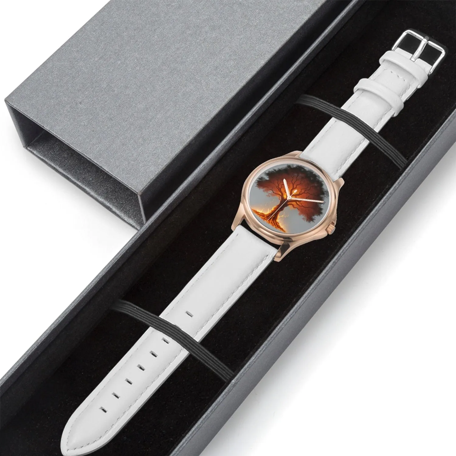 Montre à quartz classique et élégante avec bracelet en cuir (or rose) "Arbre rouge" (148)