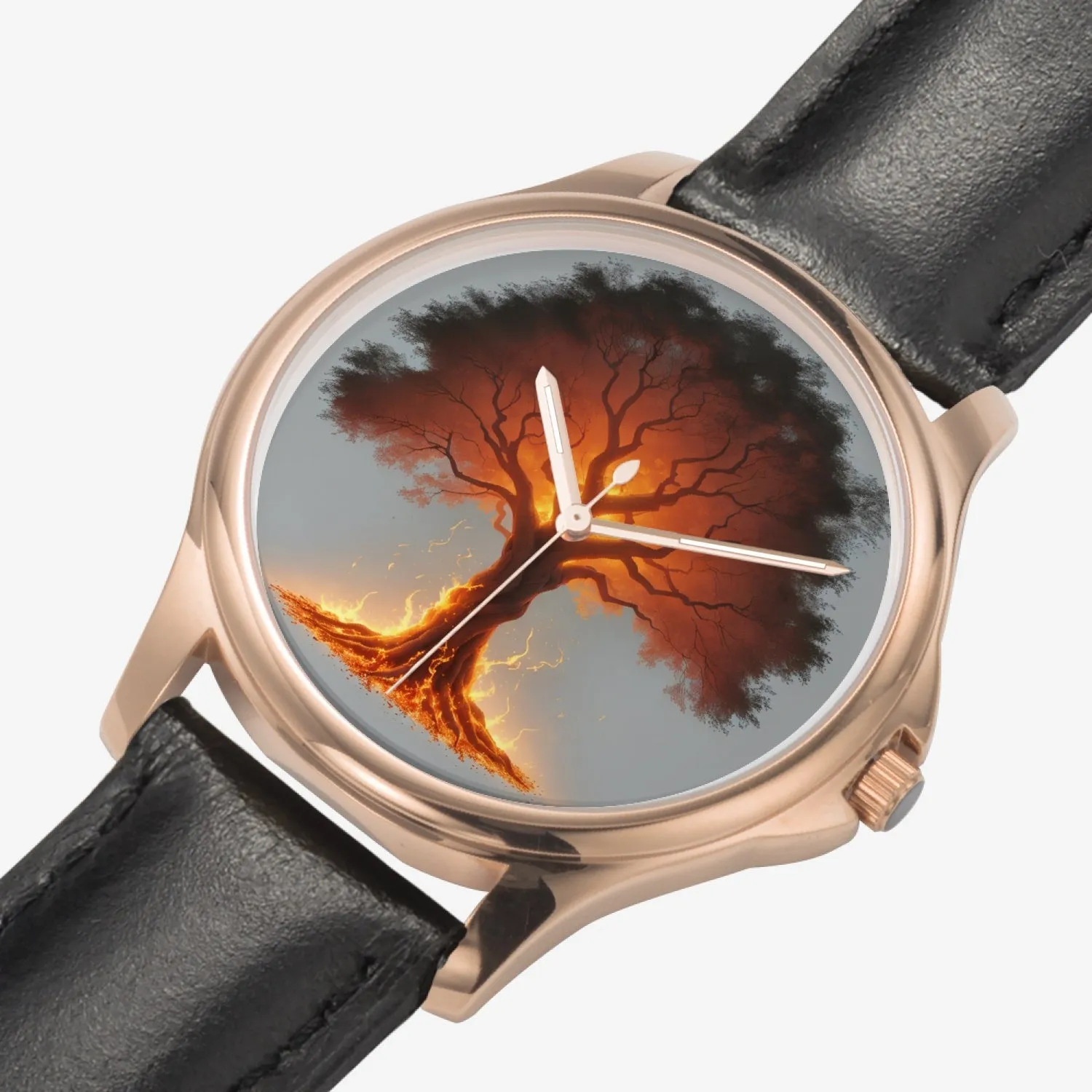 Montre à quartz classique et élégante avec bracelet en cuir (or rose) "Arbre rouge" (148)