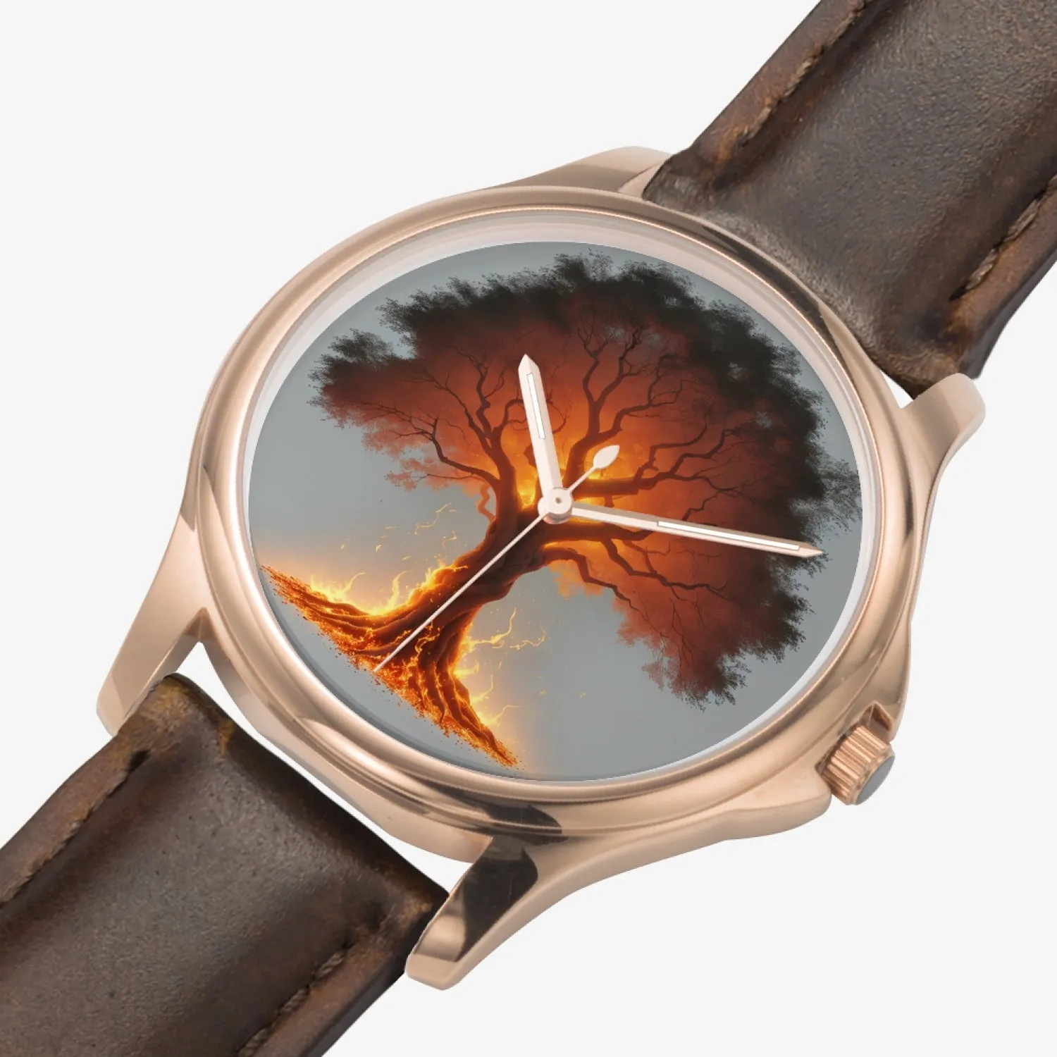 Montre à quartz classique et élégante avec bracelet en cuir (or rose) "Arbre rouge" (148)