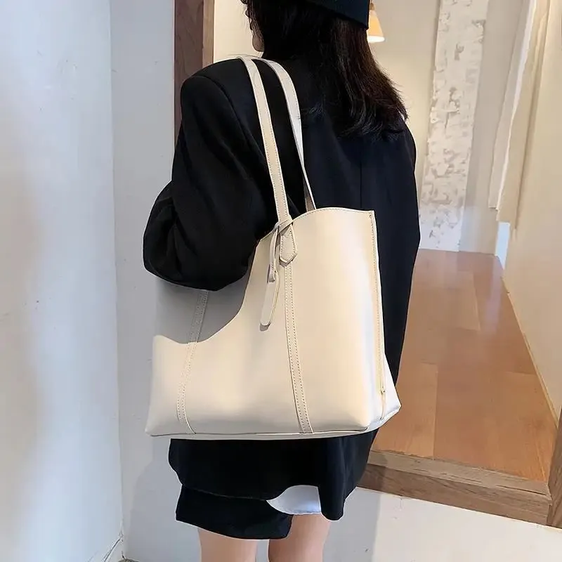 Mqtime Big Capacity Women Tote Bags Casual Solid Color Handbags Korean INS Fashion Shoulder Bag Female Ladies Girls PU Leather Bags