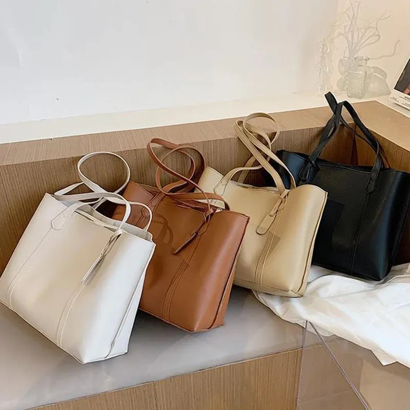 Mqtime Big Capacity Women Tote Bags Casual Solid Color Handbags Korean INS Fashion Shoulder Bag Female Ladies Girls PU Leather Bags