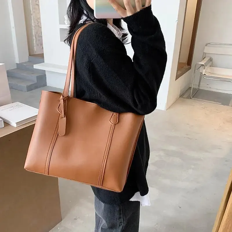 Mqtime Big Capacity Women Tote Bags Casual Solid Color Handbags Korean INS Fashion Shoulder Bag Female Ladies Girls PU Leather Bags