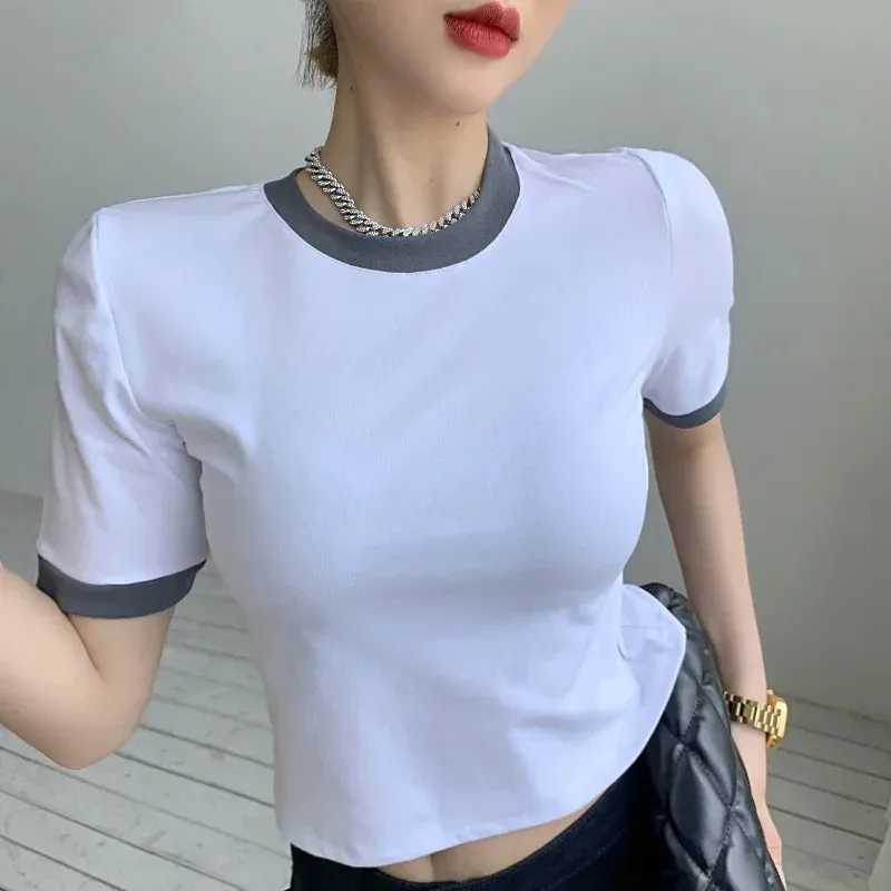 MQTIME  - Women Korean Fashion Patchwork Skinny Elastic Summer Short Tops Blue Casual O-neck Short Sleeve T-shirts Female Tees Streetwear