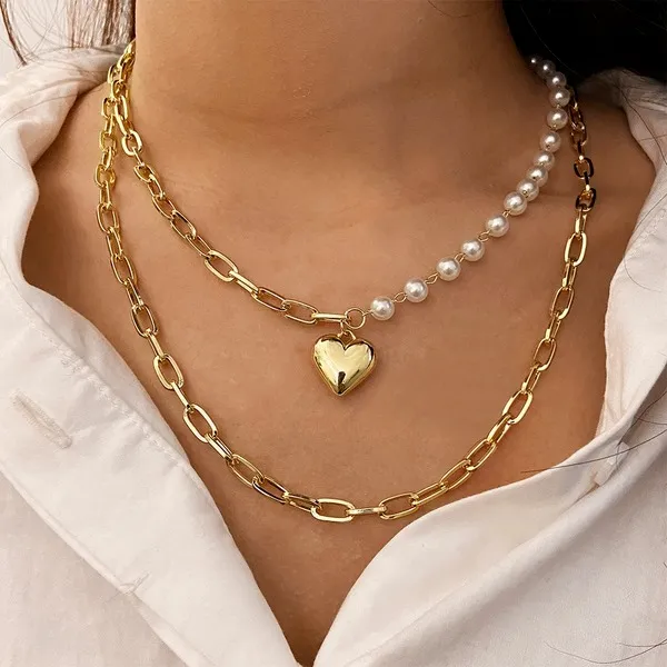Multi-Layered  Collarbone Chain Double- Layer Pearl Love Pendant Necklace