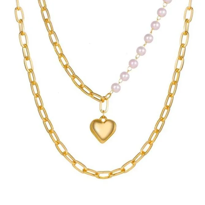 Multi-Layered  Collarbone Chain Double- Layer Pearl Love Pendant Necklace