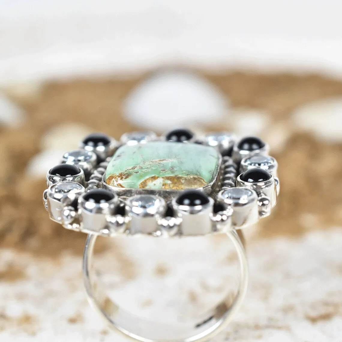 Native American Turquoise And Black Onyx Cluster Rings - 925 Sterling Silver Boho Rings