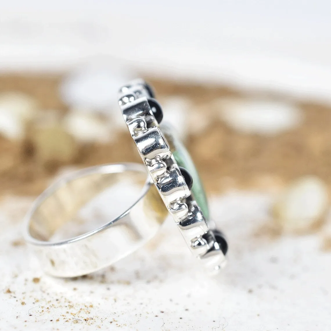 Native American Turquoise And Black Onyx Cluster Rings - 925 Sterling Silver Boho Rings