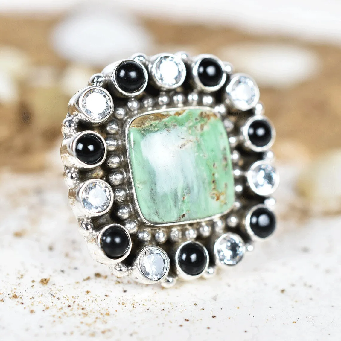 Native American Turquoise And Black Onyx Cluster Rings - 925 Sterling Silver Boho Rings