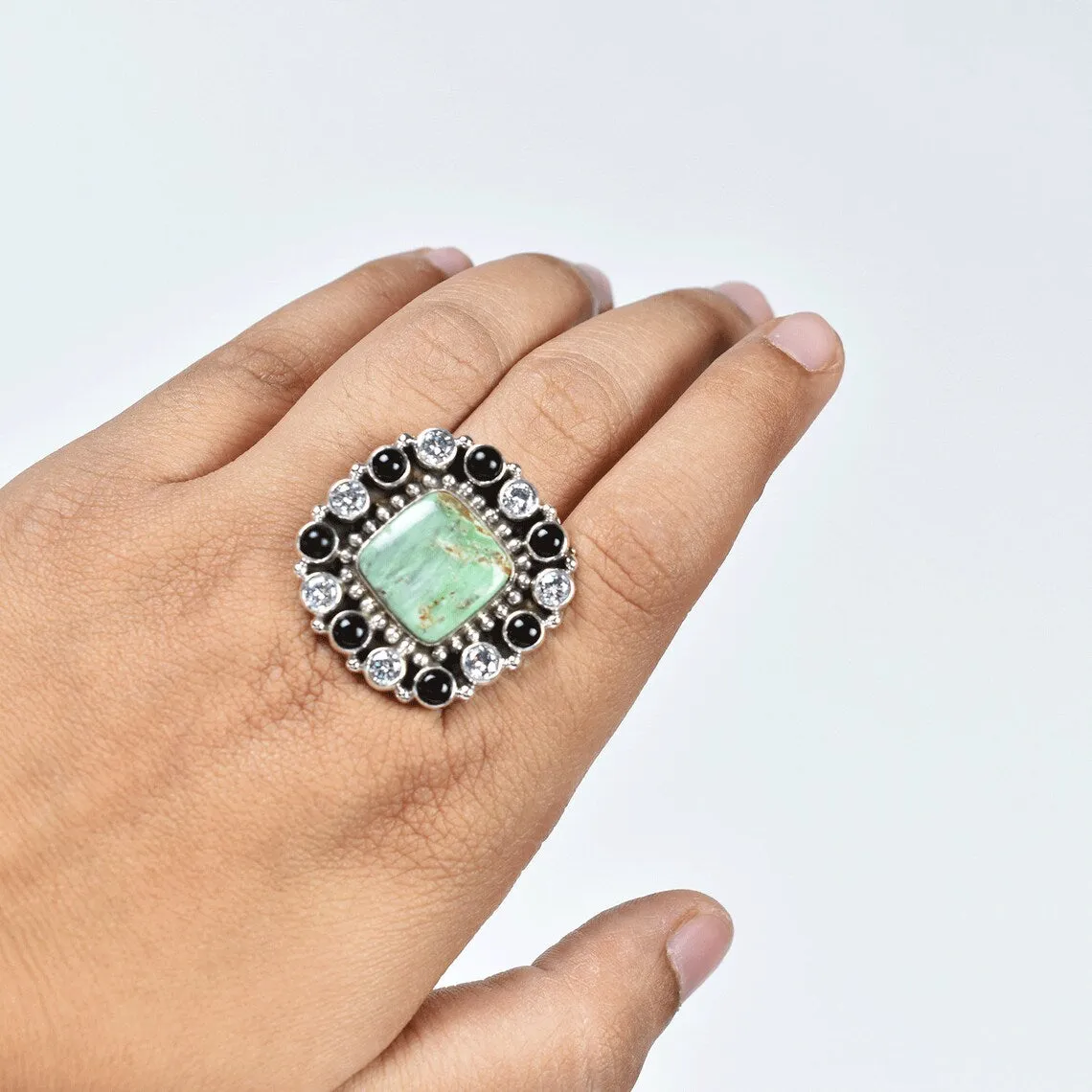 Native American Turquoise And Black Onyx Cluster Rings - 925 Sterling Silver Boho Rings