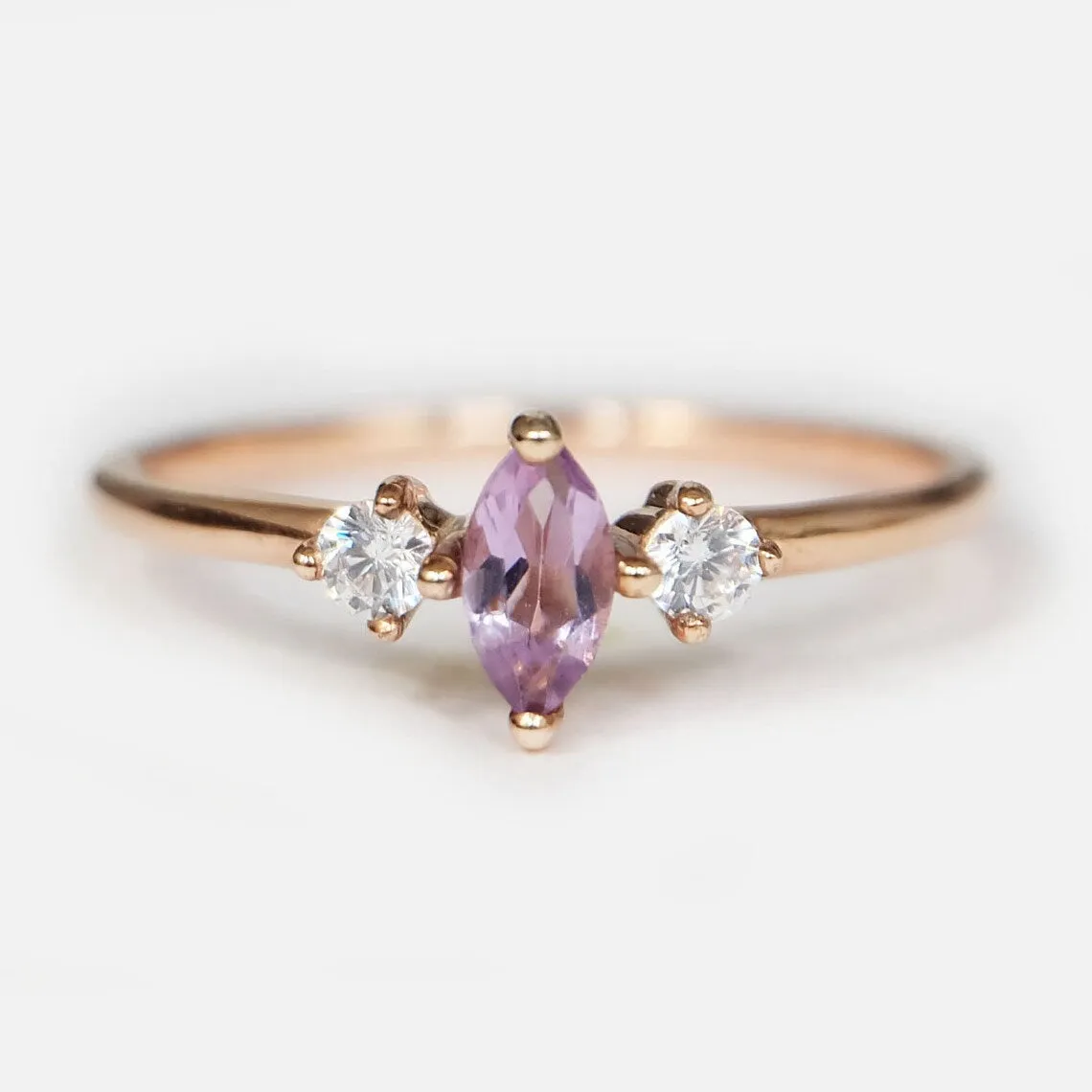 Natural Amethyst Ring- 14k Rose Gold Vermeil Ring - Amethyst Three Stone Ring