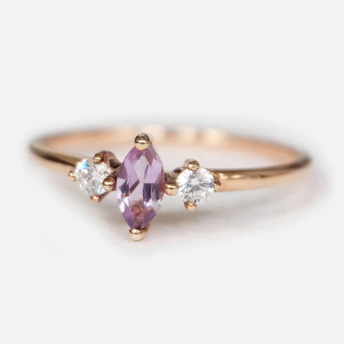 Natural Amethyst Ring- 14k Rose Gold Vermeil Ring - Amethyst Three Stone Ring