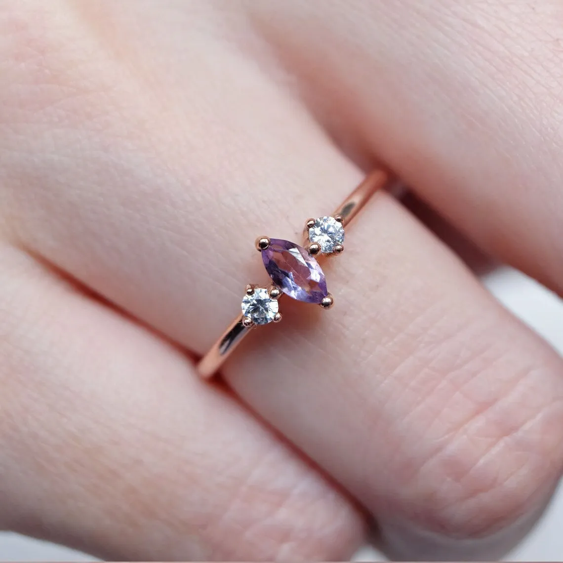 Natural Amethyst Ring- 14k Rose Gold Vermeil Ring - Amethyst Three Stone Ring