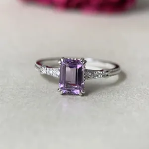 Natural Emerald Cut Amethyst Handmade Solitaire Promise Rings - 925 Sterling Silver Ring