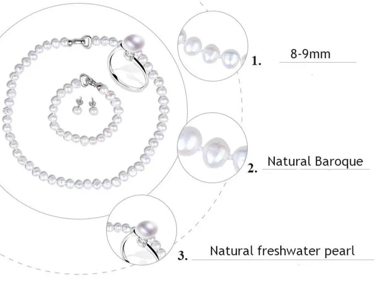 Natural FreshWater Pearl Jewelry Set Women's Necklace Earrings Bracelet Ring Party