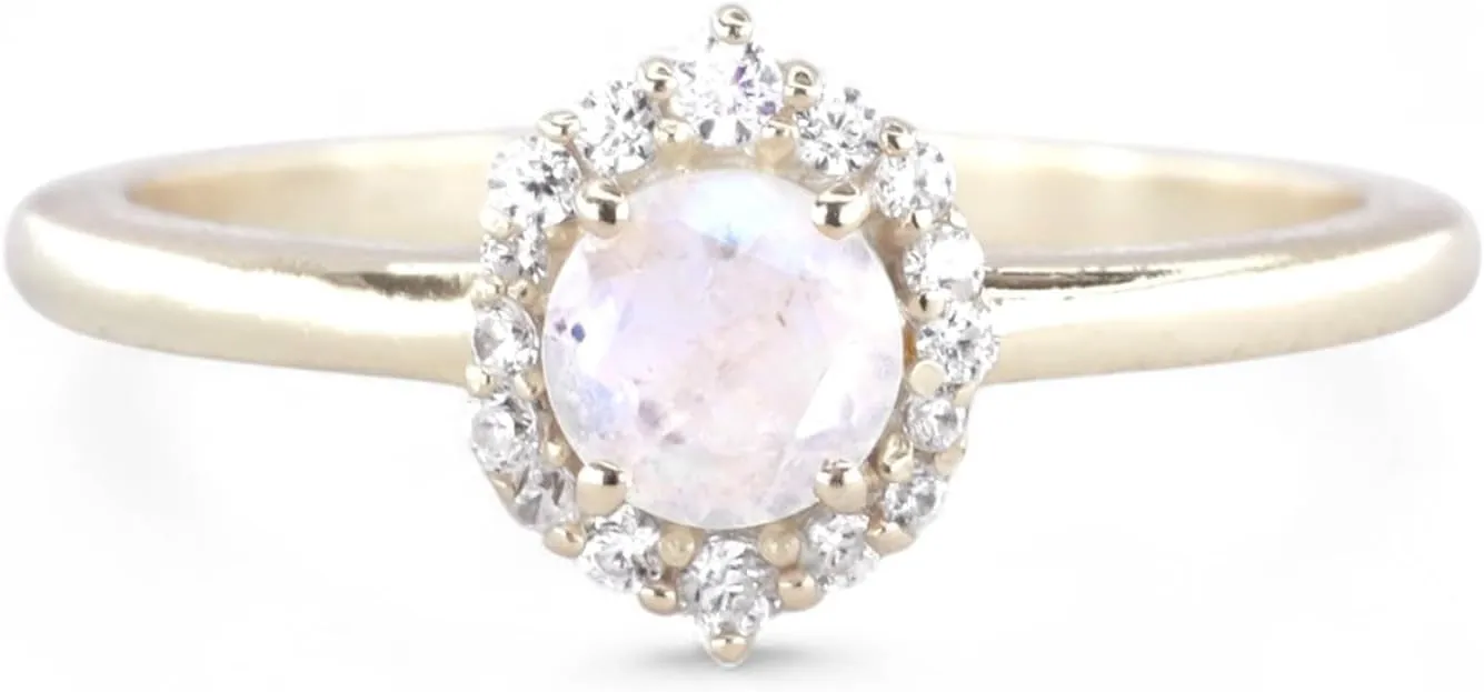Natural Moonstone Ring for Women Diamond Halo Engagement Ring Minimalist Statement Jewelry 18K Solid White Gold Affordable Bridal Gift for Her BY - STERLING MINIMALIST