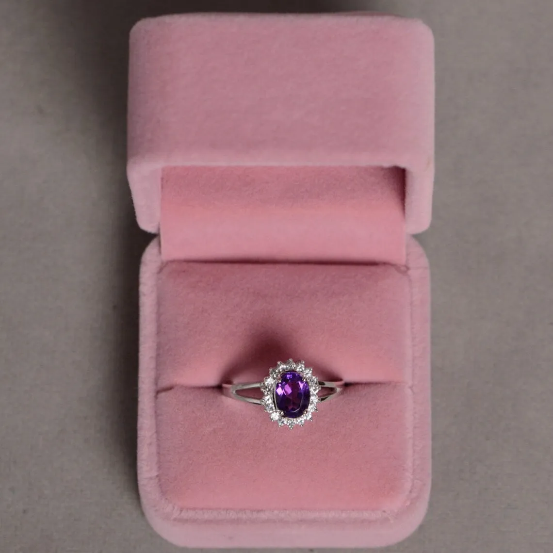 Natural Oval Cut Amethyst Halo 925 Solid Sterling Silver Rings