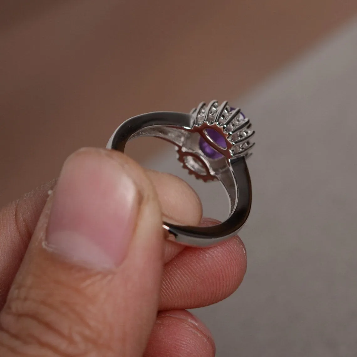 Natural Oval Cut Amethyst Halo 925 Solid Sterling Silver Rings