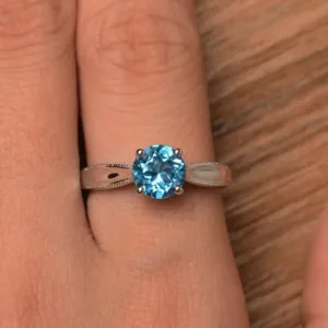 Natural Round Cut Blue Topaz Solitaire Promise 925 Sterling Silver Ring