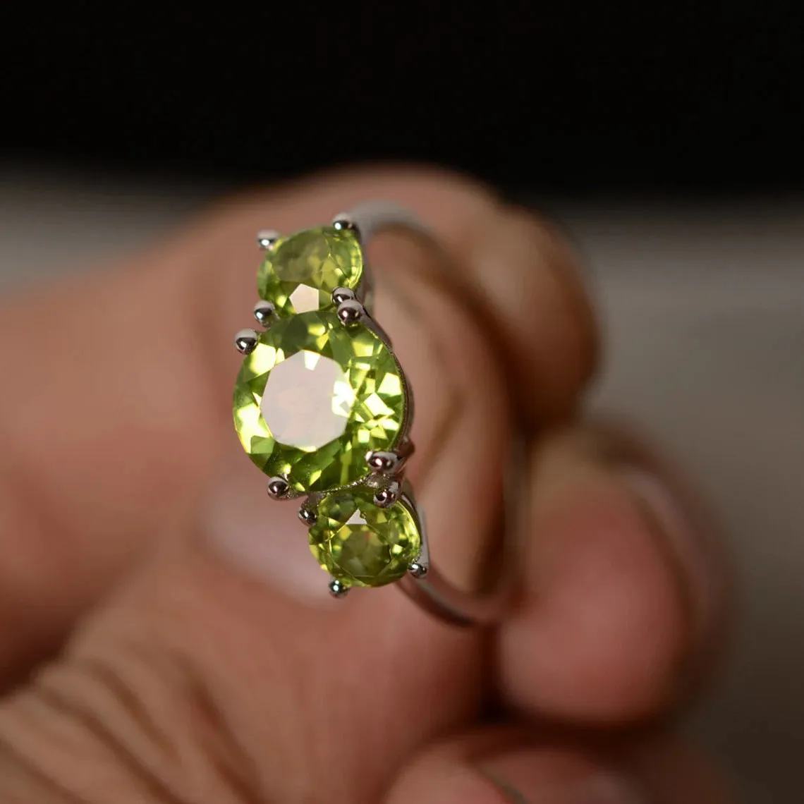 Natural Round Cut Peridot Three Stone Ring - 925 Solid Sterling Silver Ring