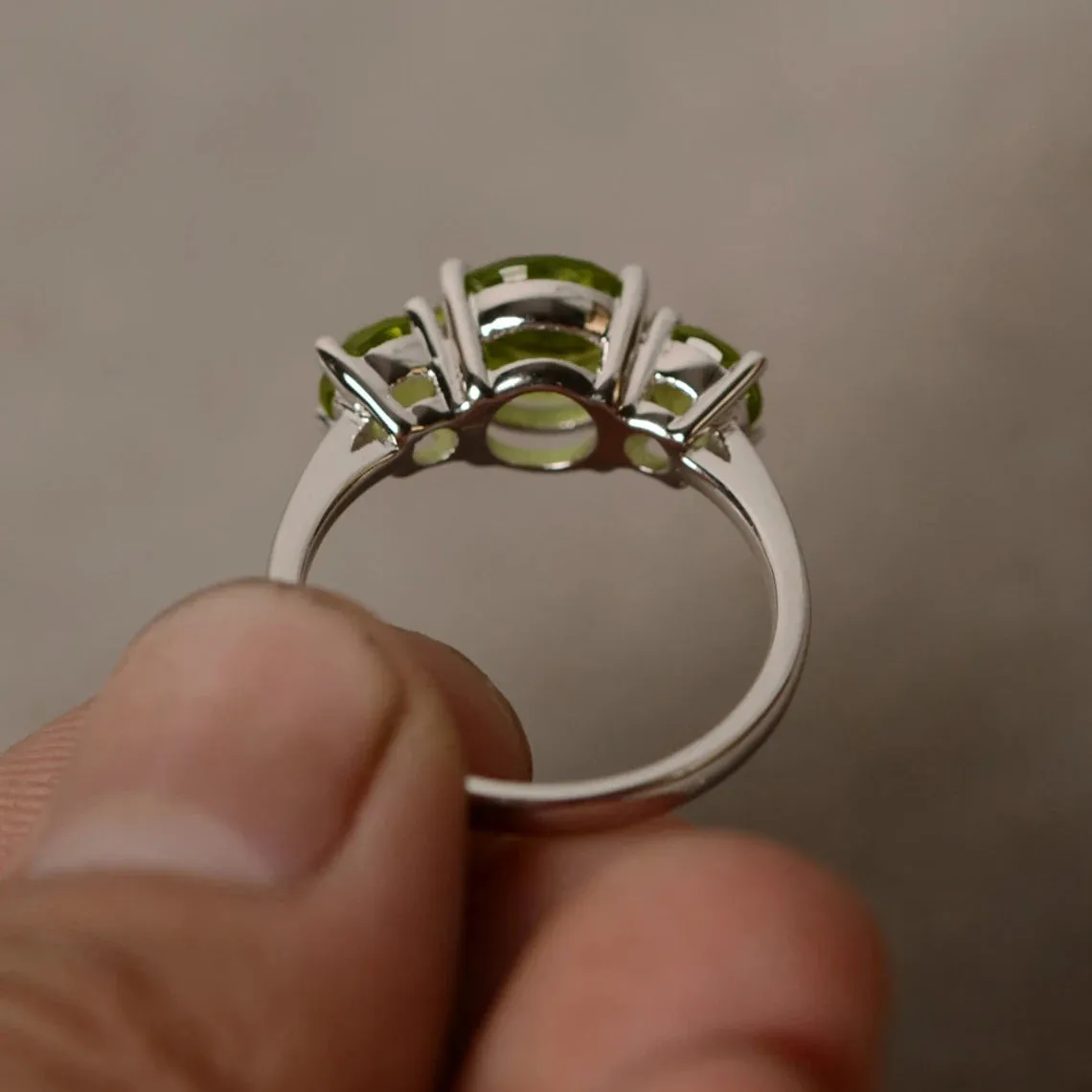 Natural Round Cut Peridot Three Stone Ring - 925 Solid Sterling Silver Ring