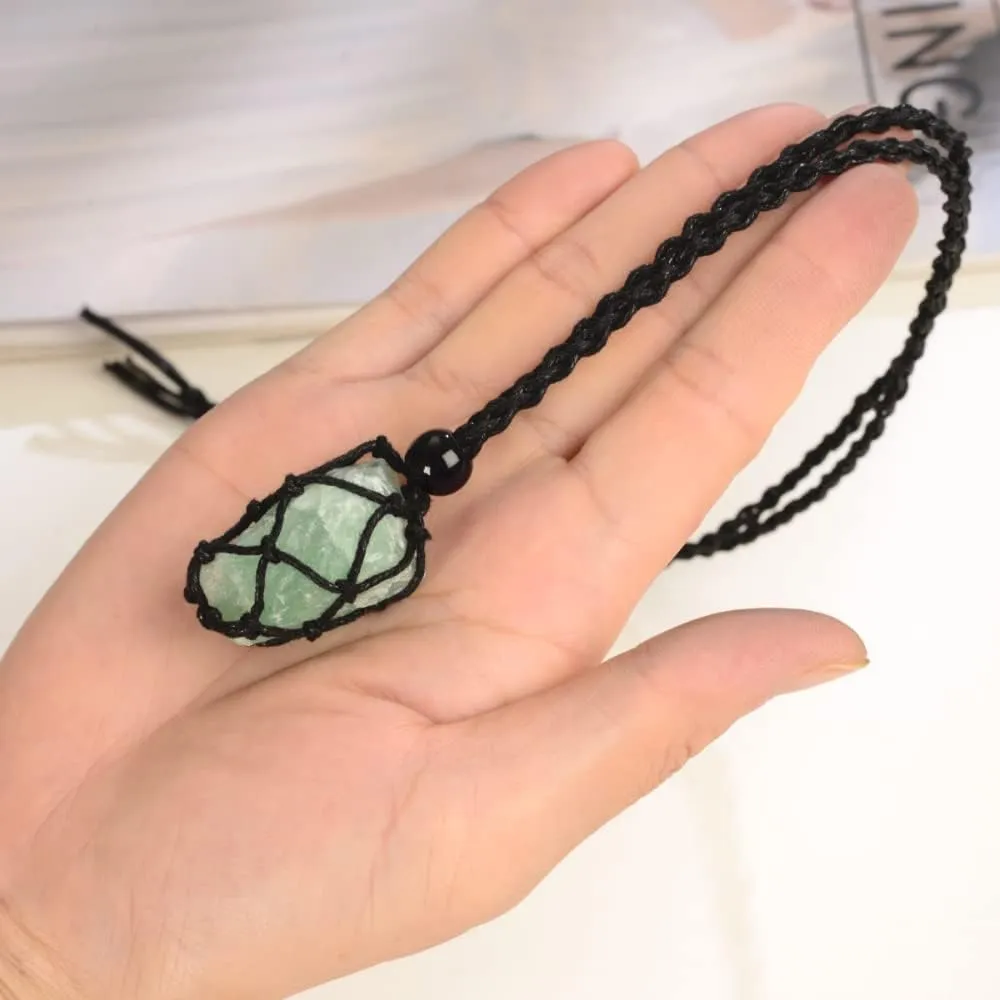 Natural unprocessed crystal raw stone hand woven rope adjustable necklace pendant for both men and women