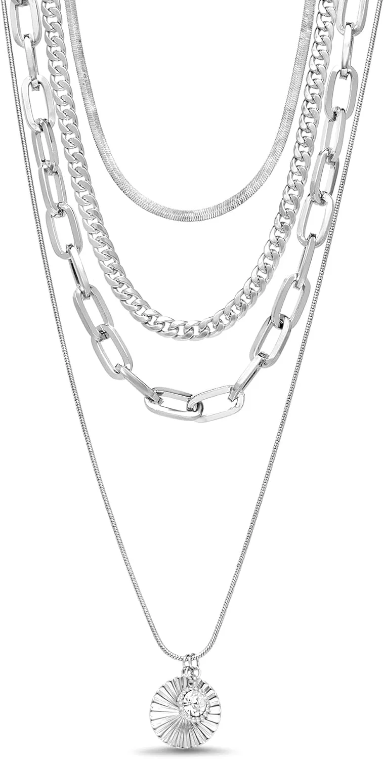 Nautica 14K Gold Plated Brass Necklace - Four Row Layered Pendant Chain Necklace for Women, White With Stone