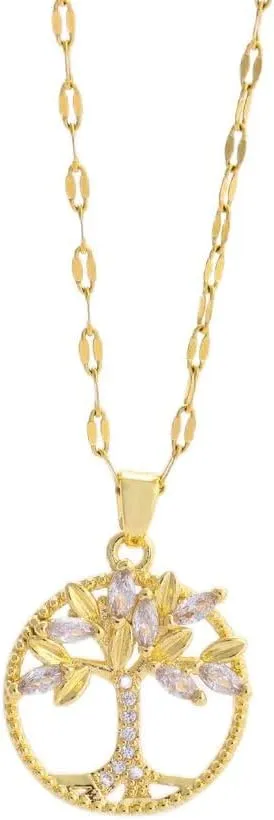 Necklace pendant suitable for men and women, handcrafted, retro collarbone chain, titanium steel water diamond life tree necklace (gold)