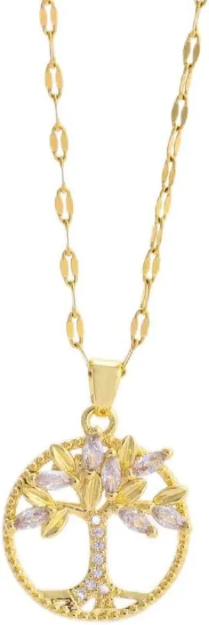 Necklace pendant suitable for men and women, handcrafted, retro collarbone chain, titanium steel water diamond life tree necklace (gold)