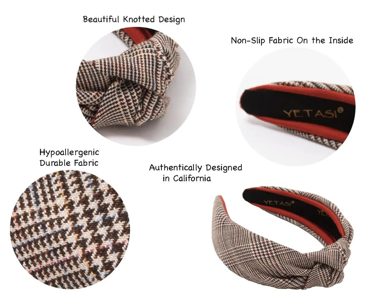 New 2.5 Inches Thick Brown Headbands for Women are Made with Non Slip Material. Plaid Knotted Headband for Women is Unique. Well Made Top Knot Fashion Designer Head band