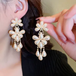 New Korean Elegant Pearl Flower Dangle Earrings For Women