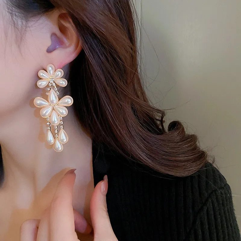 New Korean Elegant Pearl Flower Dangle Earrings For Women