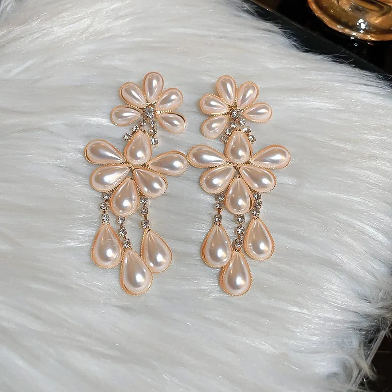 New Korean Elegant Pearl Flower Dangle Earrings For Women