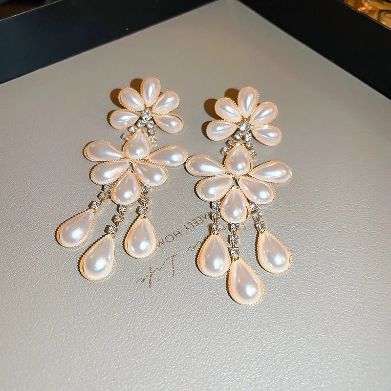 New Korean Elegant Pearl Flower Dangle Earrings For Women