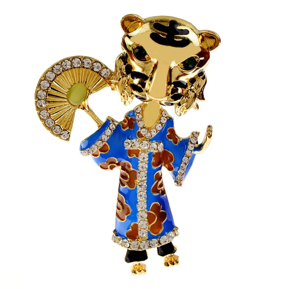 New Rhinestone Tiger With Clothes Brooches Unisex Enamel Cute Cartoon Animal Brooch