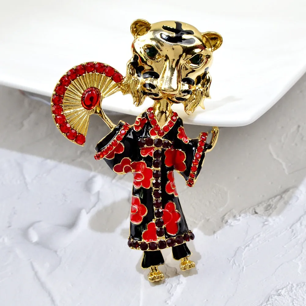 New Rhinestone Tiger With Clothes Brooches Unisex Enamel Cute Cartoon Animal Brooch