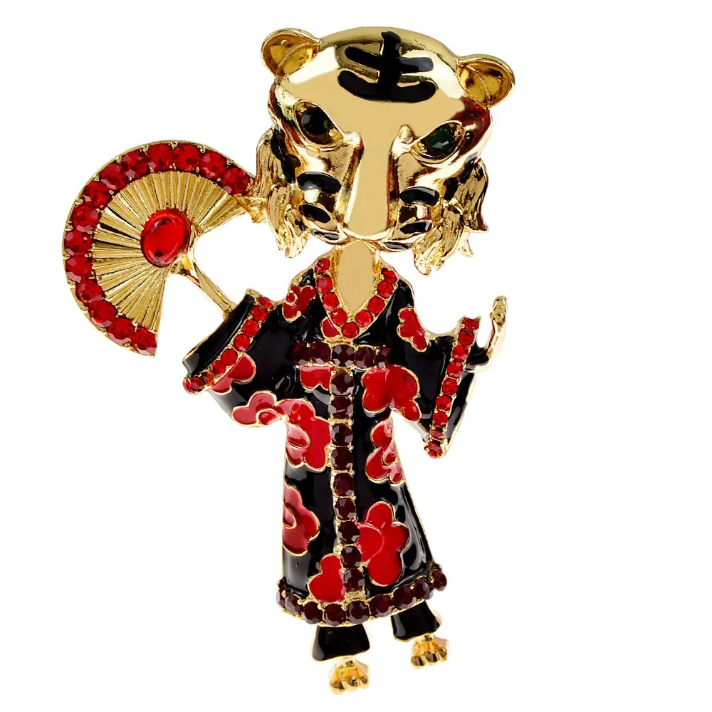 New Rhinestone Tiger With Clothes Brooches Unisex Enamel Cute Cartoon Animal Brooch