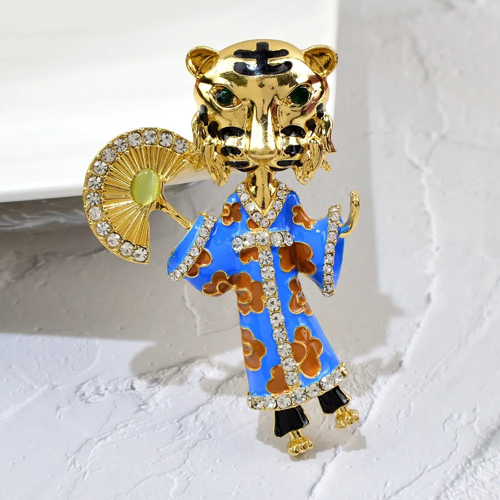 New Rhinestone Tiger With Clothes Brooches Unisex Enamel Cute Cartoon Animal Brooch