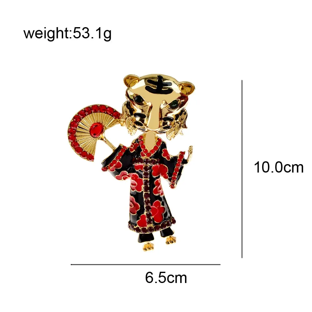 New Rhinestone Tiger With Clothes Brooches Unisex Enamel Cute Cartoon Animal Brooch
