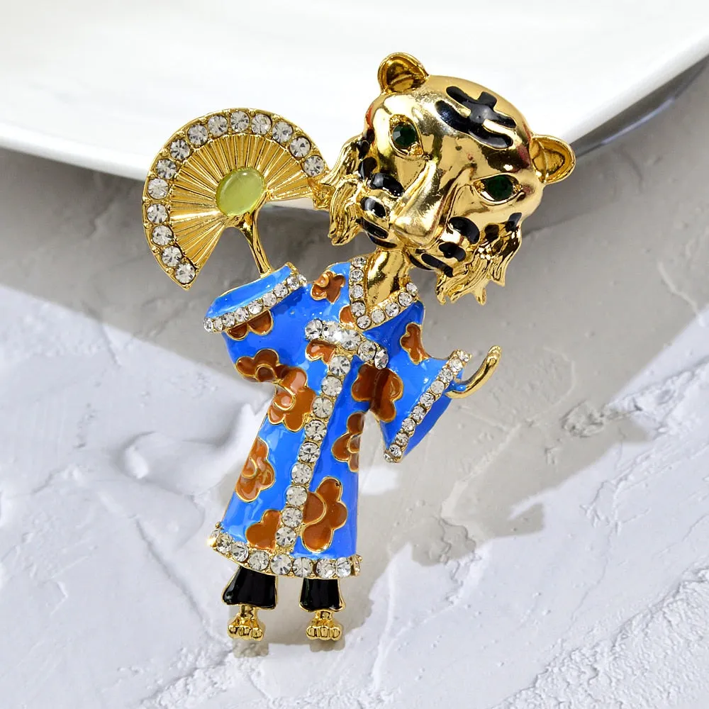 New Rhinestone Tiger With Clothes Brooches Unisex Enamel Cute Cartoon Animal Brooch