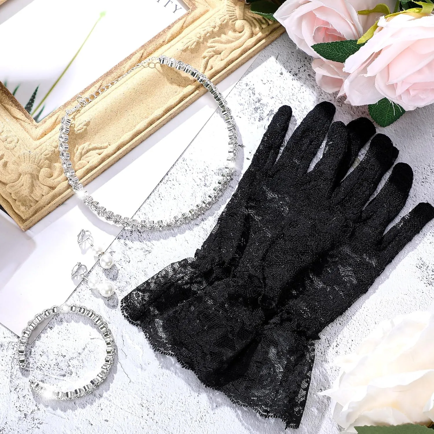Newcotte 4 Pcs Pearl Necklace Sets for adult Jewelry Communion Glove for Christmas Tea Party Wedding