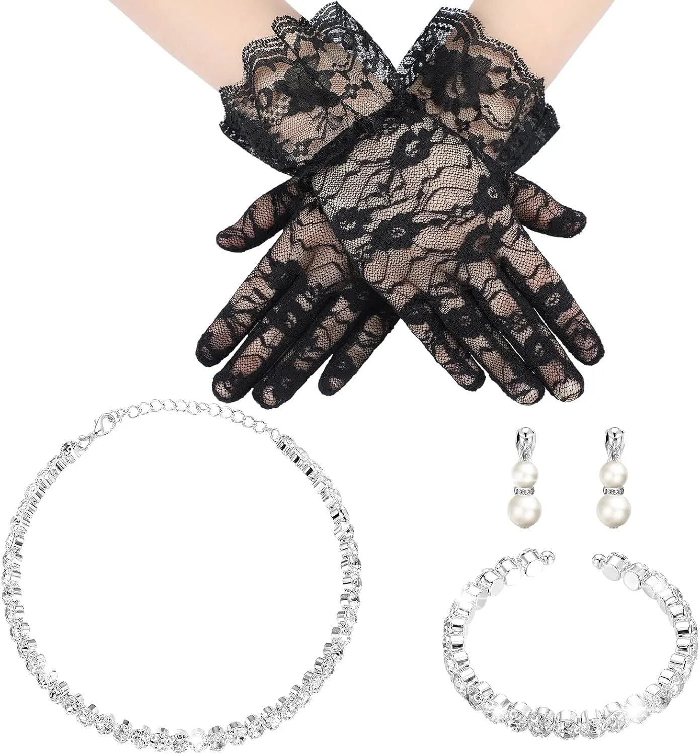 Newcotte 4 Pcs Pearl Necklace Sets for adult Jewelry Communion Glove for Christmas Tea Party Wedding