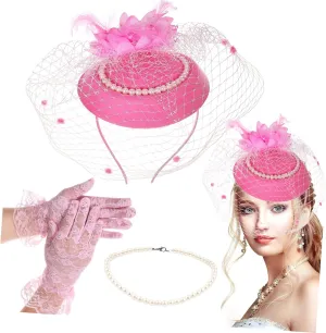 NOLITOY 1Set Vintage Tea Party Accessories Set Hat Gloves Pearl Necklace for Women Flapper Style for Masquerade Garden Tea Parties