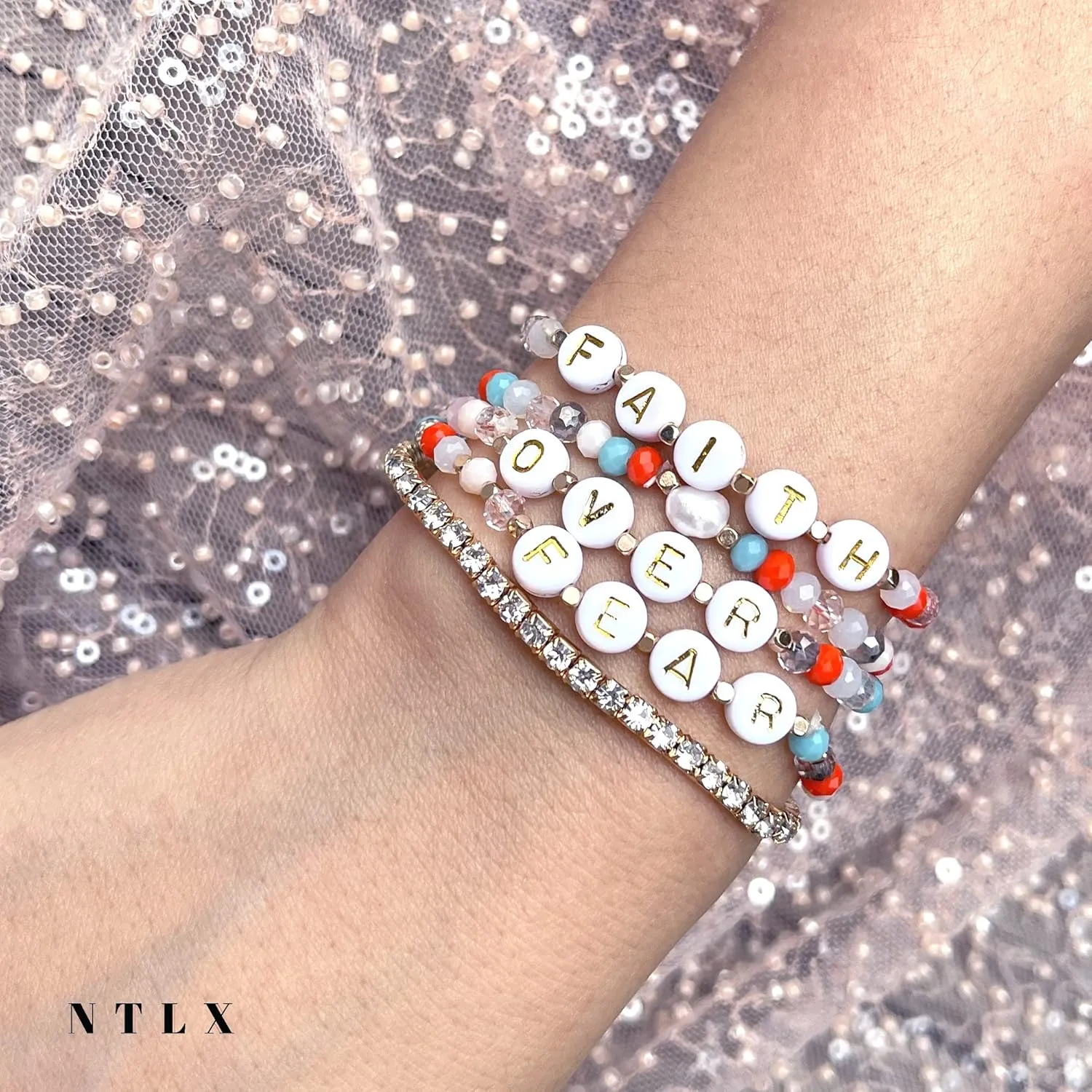 NTLX Inspirational Message Multi Strand Beaded Stackable Stretch Bracelets for Women - Bohemian Boho Style Bracelets – Beautiful Faceted Glass Beads – Gift Box Included