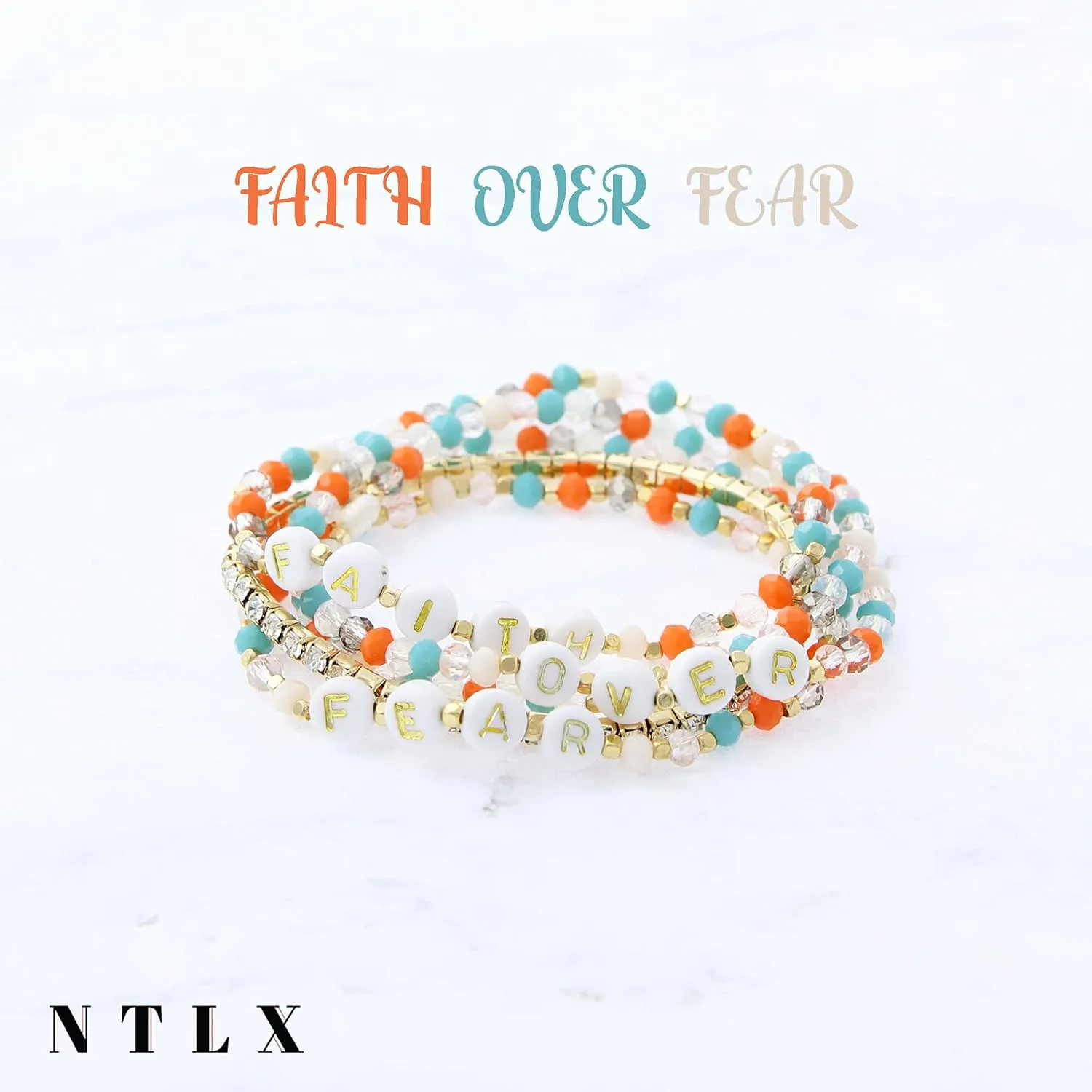 NTLX Inspirational Message Multi Strand Beaded Stackable Stretch Bracelets for Women - Bohemian Boho Style Bracelets – Beautiful Faceted Glass Beads – Gift Box Included