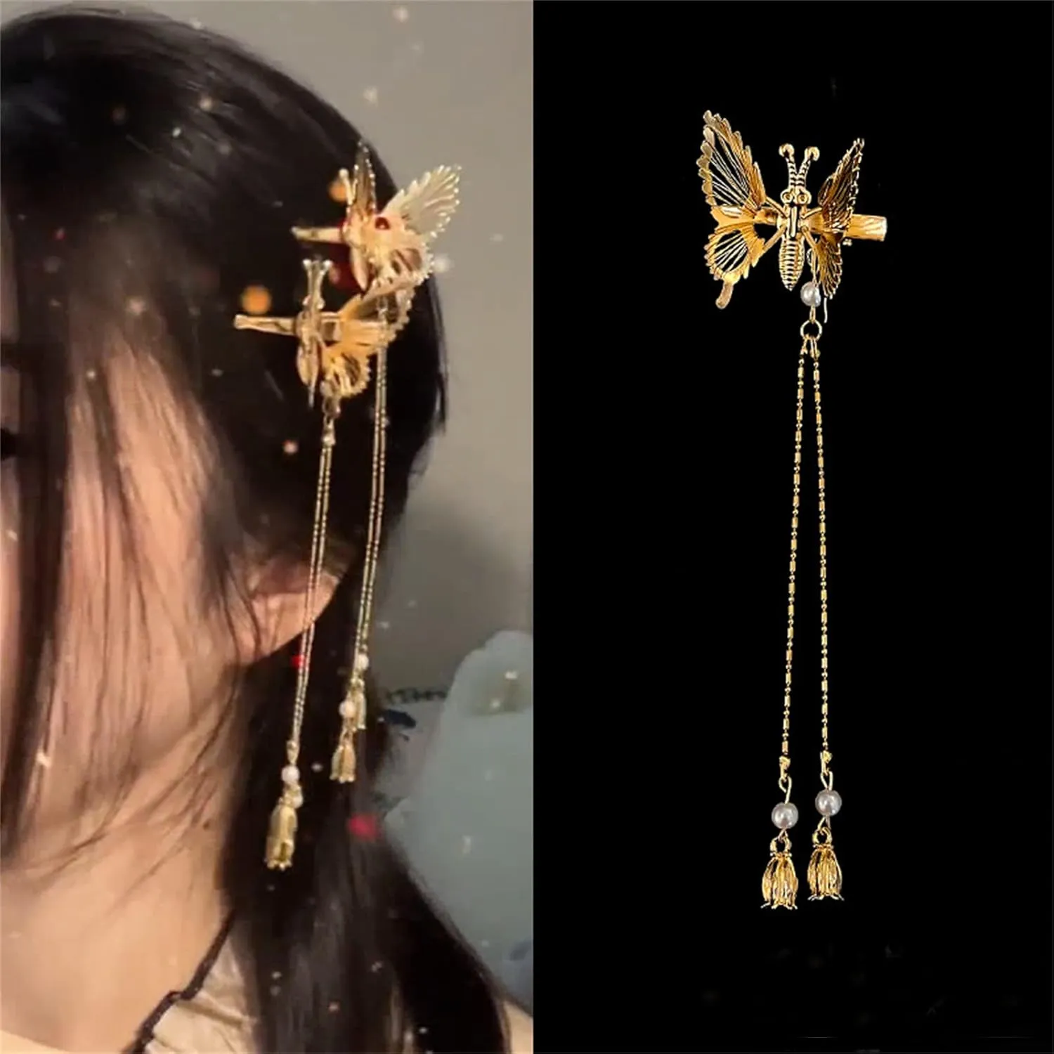 NUEAYMS Shivering Butterfly-shape Hairclip with Pearls Tassels Headwear Photo Props Hair Jewelry Pearls Headdress