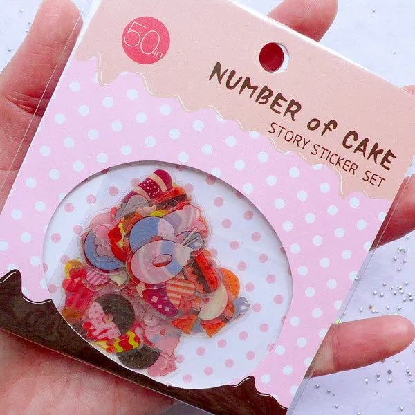 Number Cake Sticker Flakes | Number Sweets Stickers | Kawaii Deco Sticker | PVC Planner Stickers | Diary Decoration | Birthday Card Making | Scrapbook Supplies (10 Designs / 50 Pieces)