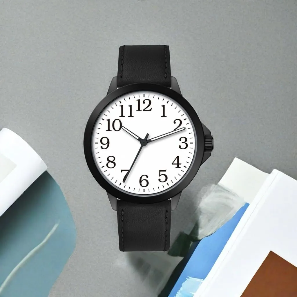 NUOVO Men Watches 45MM Big Watches Men Arabic Numbers Watches White Watches Classic Quartz Watch with Leather Strap Wrist Watch for Men