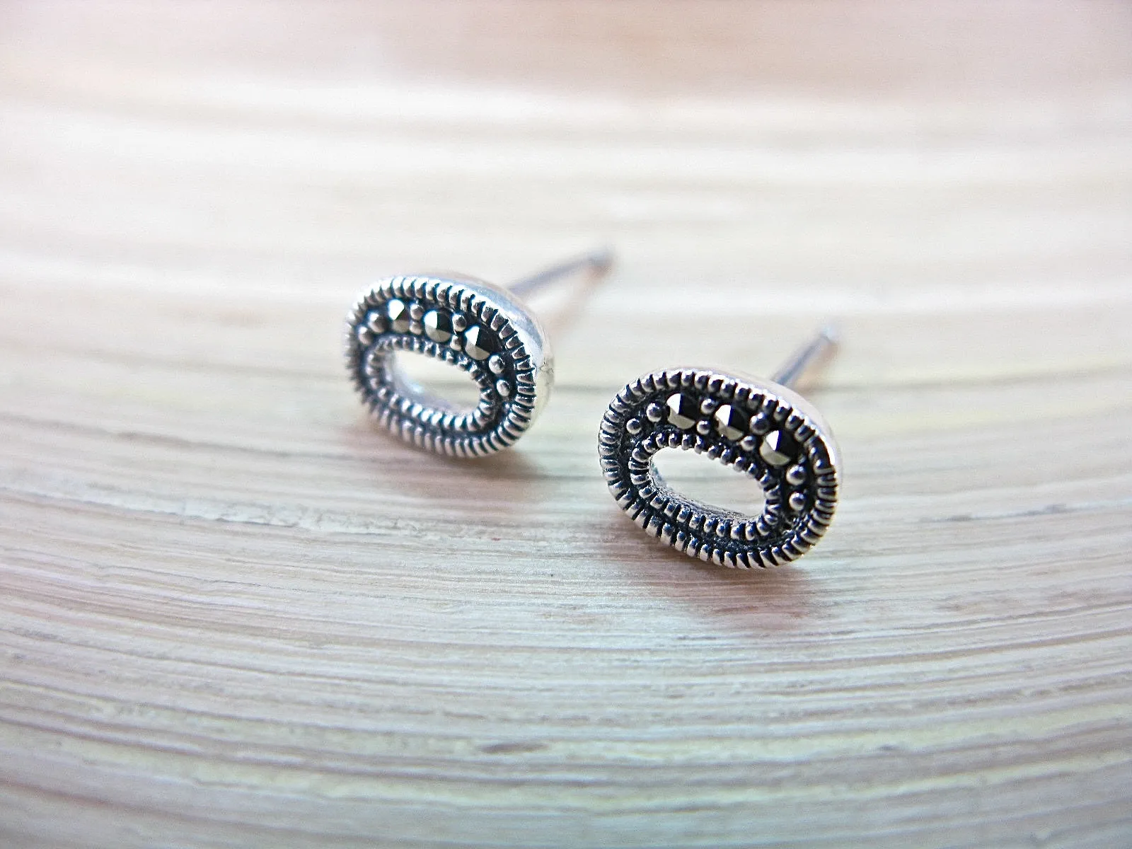 O Shape Marcasite Stud Earrings in 925 Sterling Silver