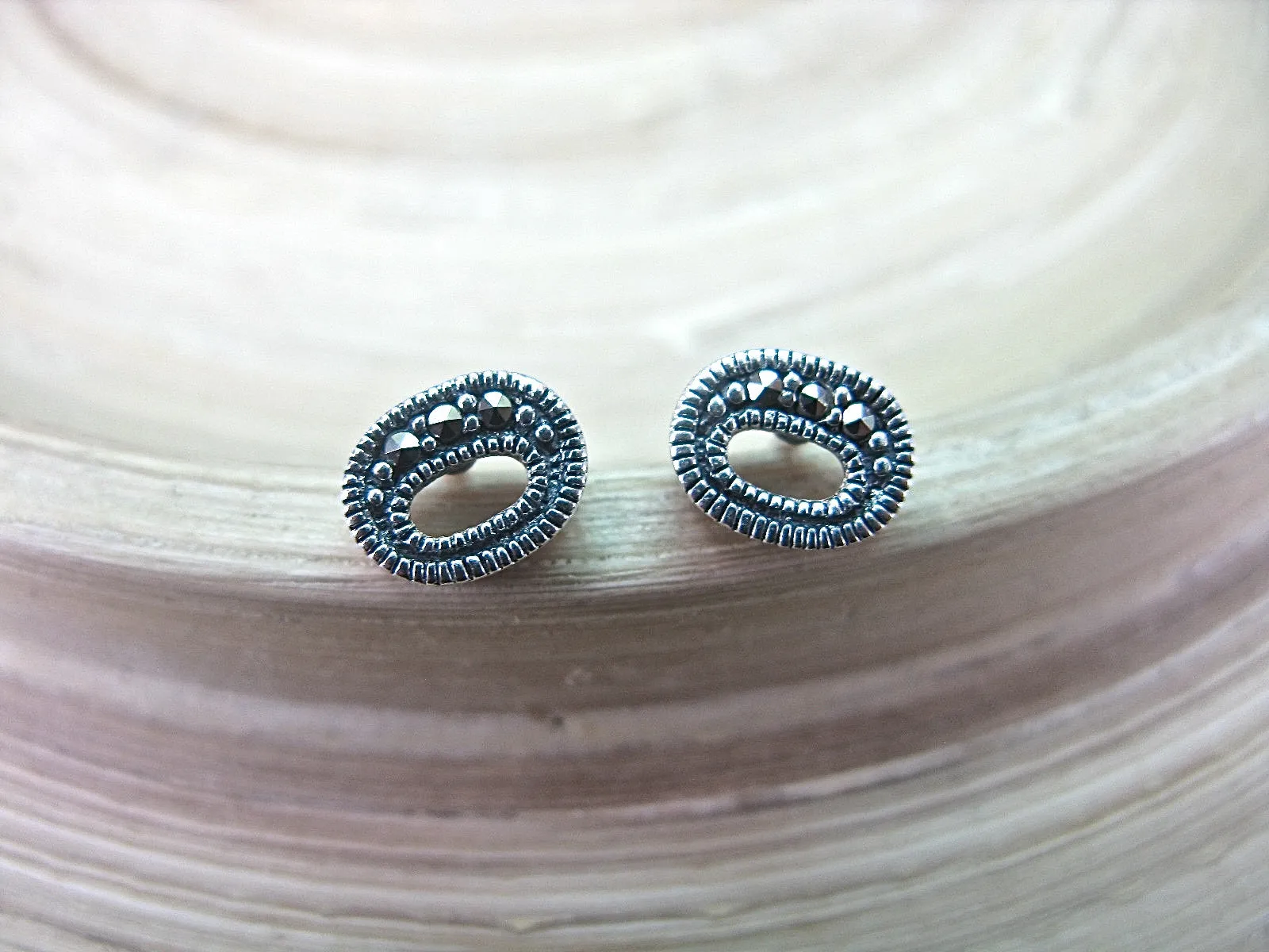 O Shape Marcasite Stud Earrings in 925 Sterling Silver