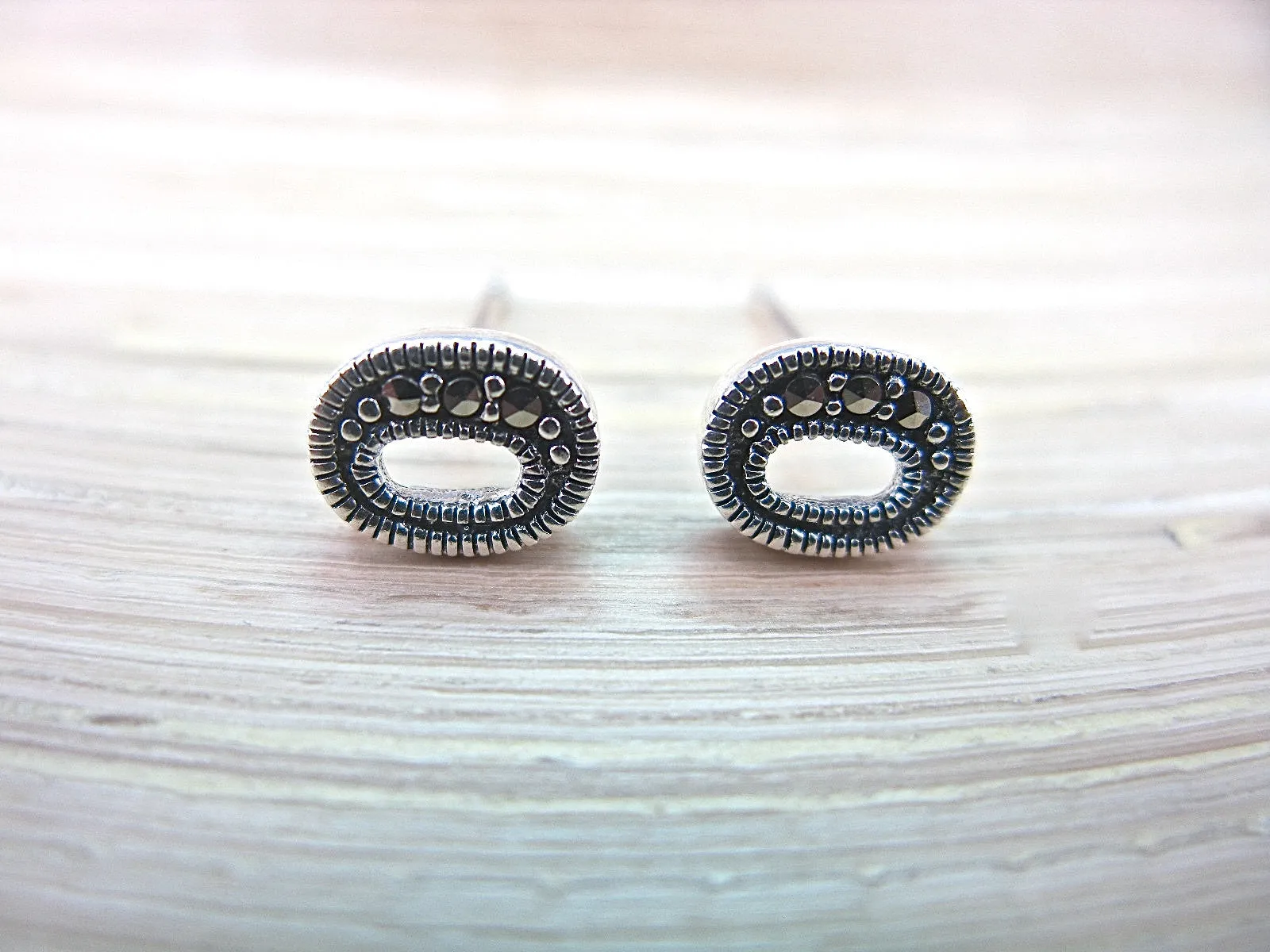 O Shape Marcasite Stud Earrings in 925 Sterling Silver